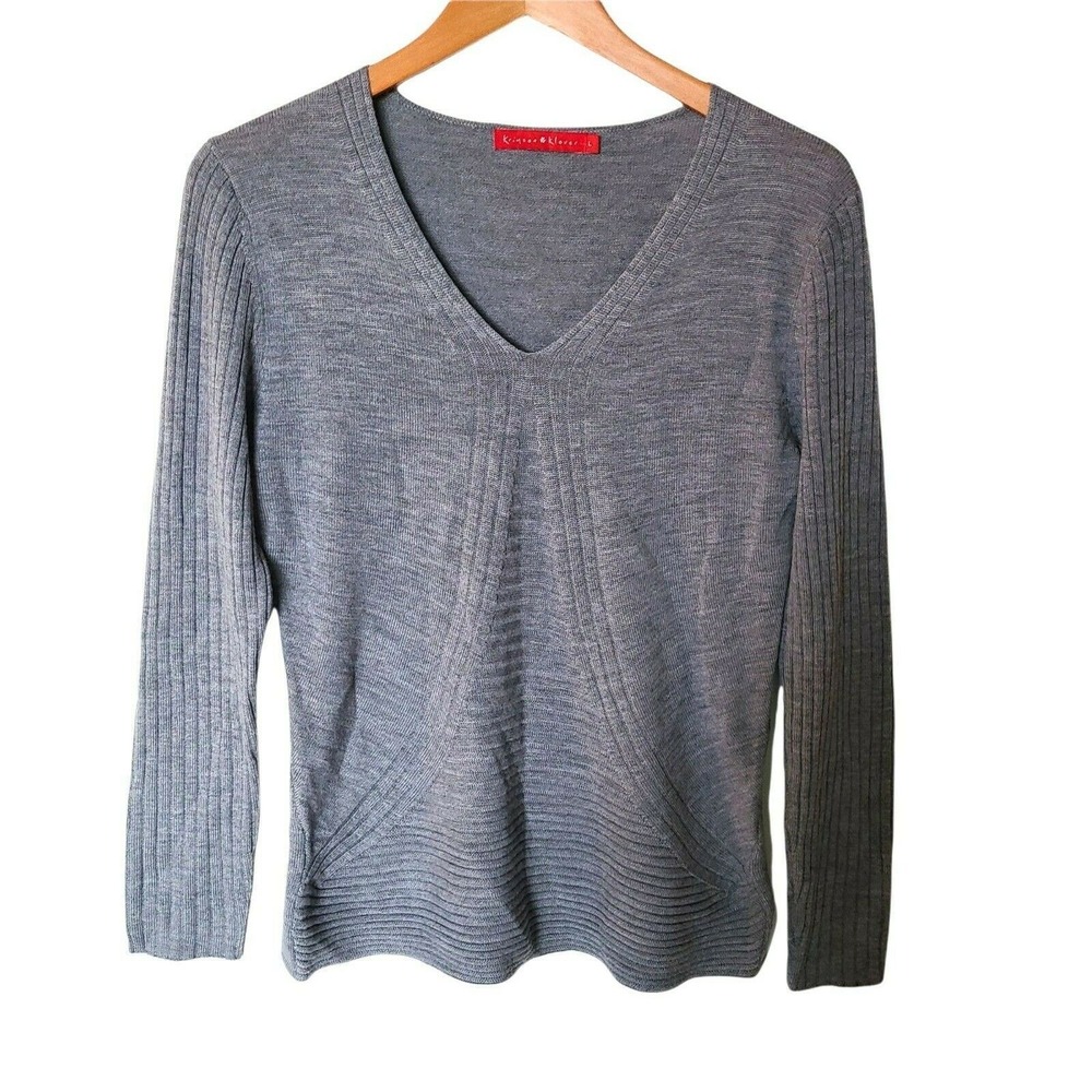 Krimson Klover Grey Sweater Size L‎ Large 100% Wool V-Neck